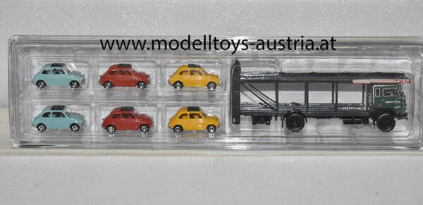 Fiat 640 LKW Transporter mit 6 x Fiat 500 blau + rot + gelb 1:87 H0